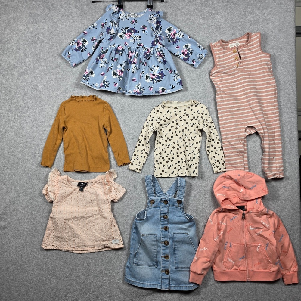 Lot of 7 Girls Clothing Size 12M Dresses Overall Tops Sweater Nike 7FAM Carters